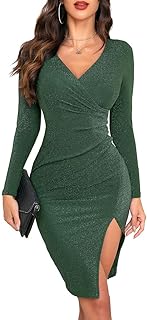 Women's Sparkly Deep V Neck Long Sleeve Ruched Bodycon Slit Cocktail Party Club Night Out Slim Fit Glitter Dresses