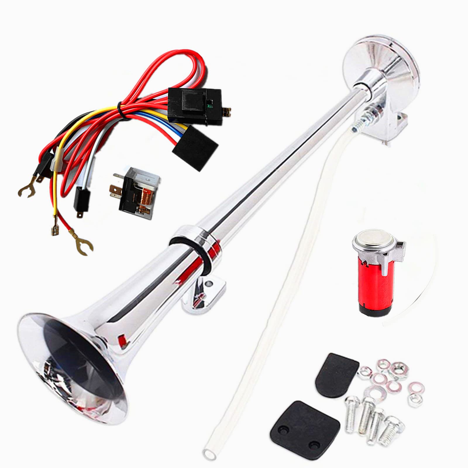 Klaxon de Voiture Chrome Zinc 150DB 45cm Trompette Simple Avec Compresseur de Pompe à Air Rouge Pour 24V Camion Bateau