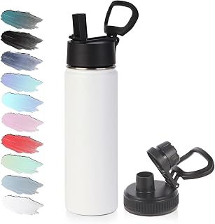 Volhoply 20oz Insulated Stainless Steel Water Bottle with Straw Lid, Kids Wide Mouth Double Wall Vacuum Cups with Handle,Reusable Outdoor Sports Metal Bottles,Travel Flask Keep Cold&Hot(White,1)