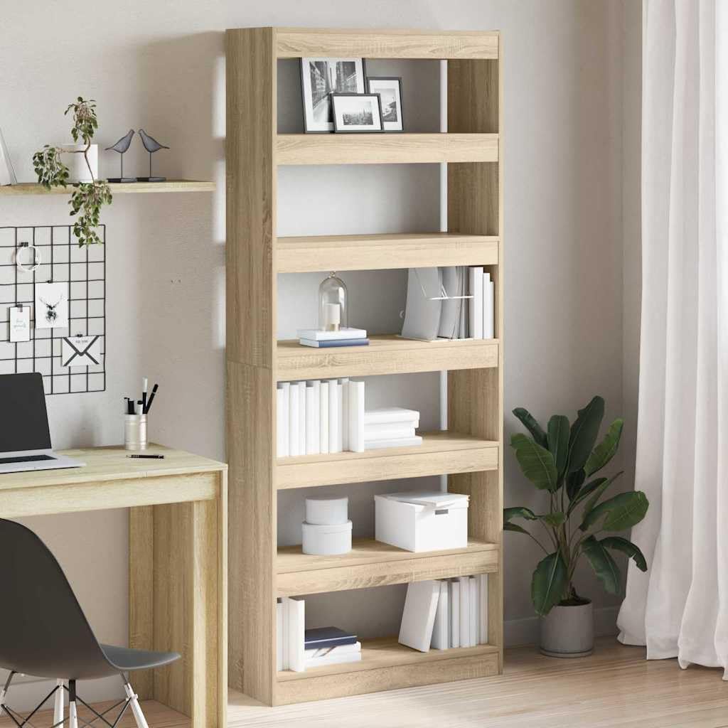 Libreria in rovere Sonoma, 80 x 30 x 198 cm, 6 scomparti | Moderna mensola divisoria aperta con 6 grandi ripiani in legno per soggiorno, ufficio e corridoio.