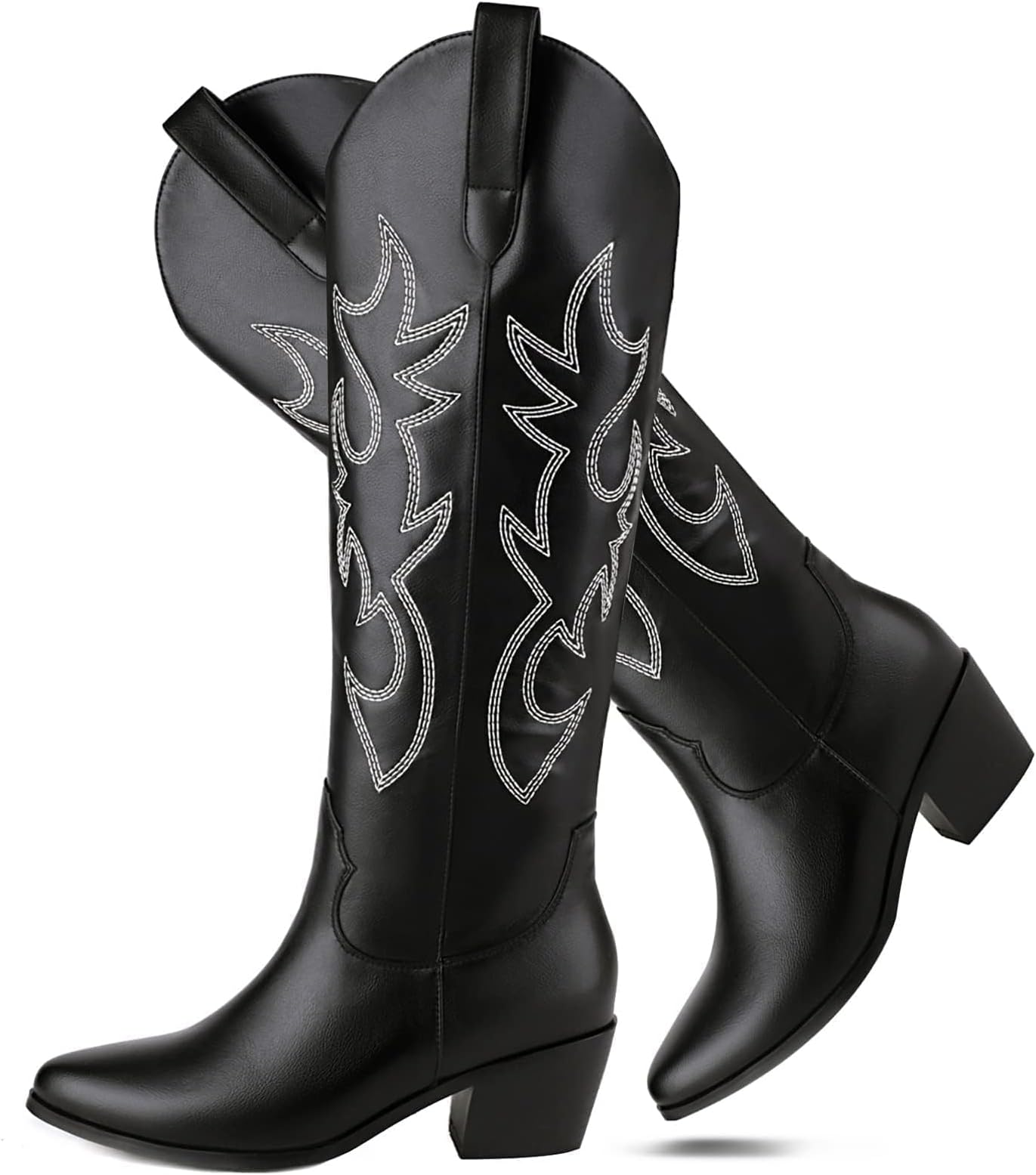 Cowboy Boots for Women Pull On Chunky Heel Boots Knee High Cowgirl Boots Western Pointed Toe Boots Embroidered Suede Boots