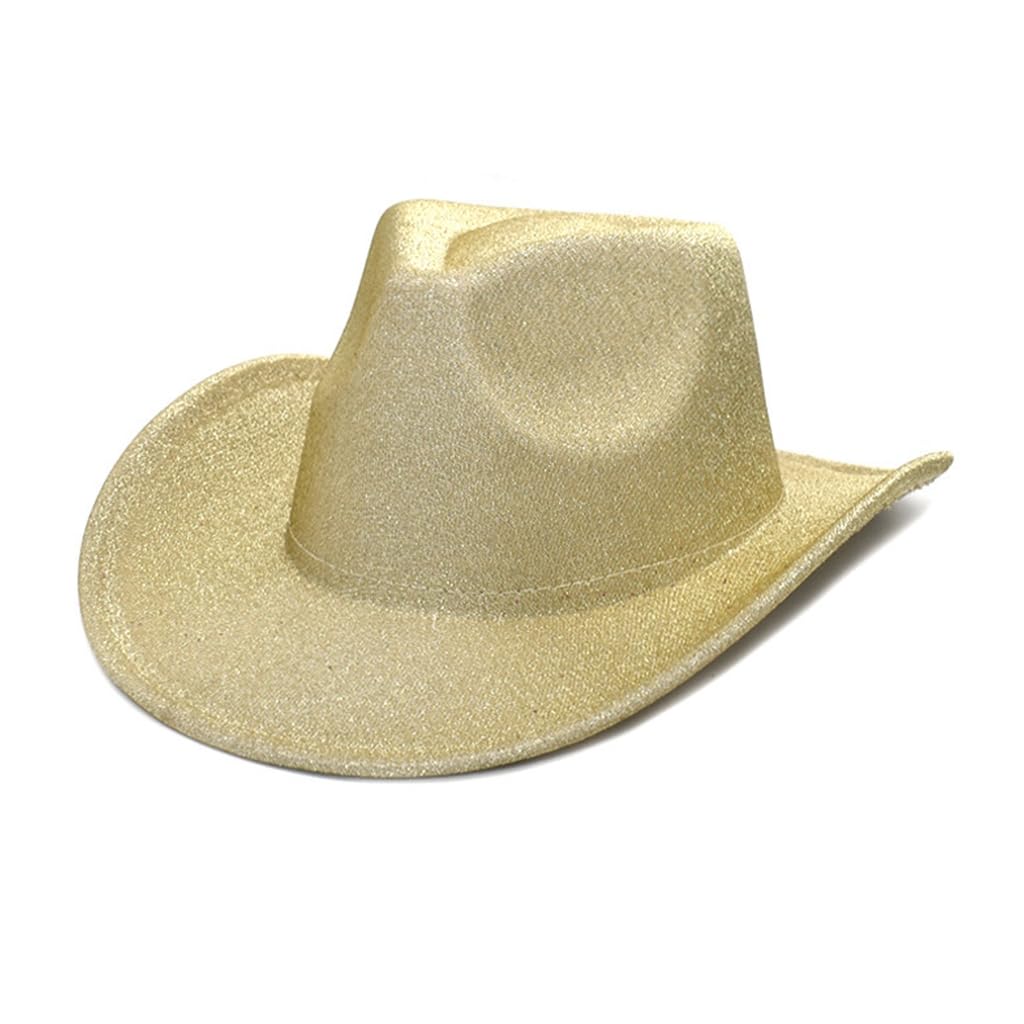 Fashion Western Style Felt Cowgirl Hat Wide Brim Cowboy Sequins Hat Washable Gold