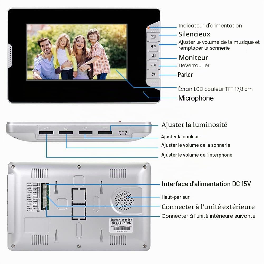 Interphone Filaire 7pouces,Caméra à Vision Nocturne 110-240V, écran LCD TFT, Déverrouillage, Surveillance,Interphone Bidirectionnel pour Villa,Maison,Bureau, Appartement