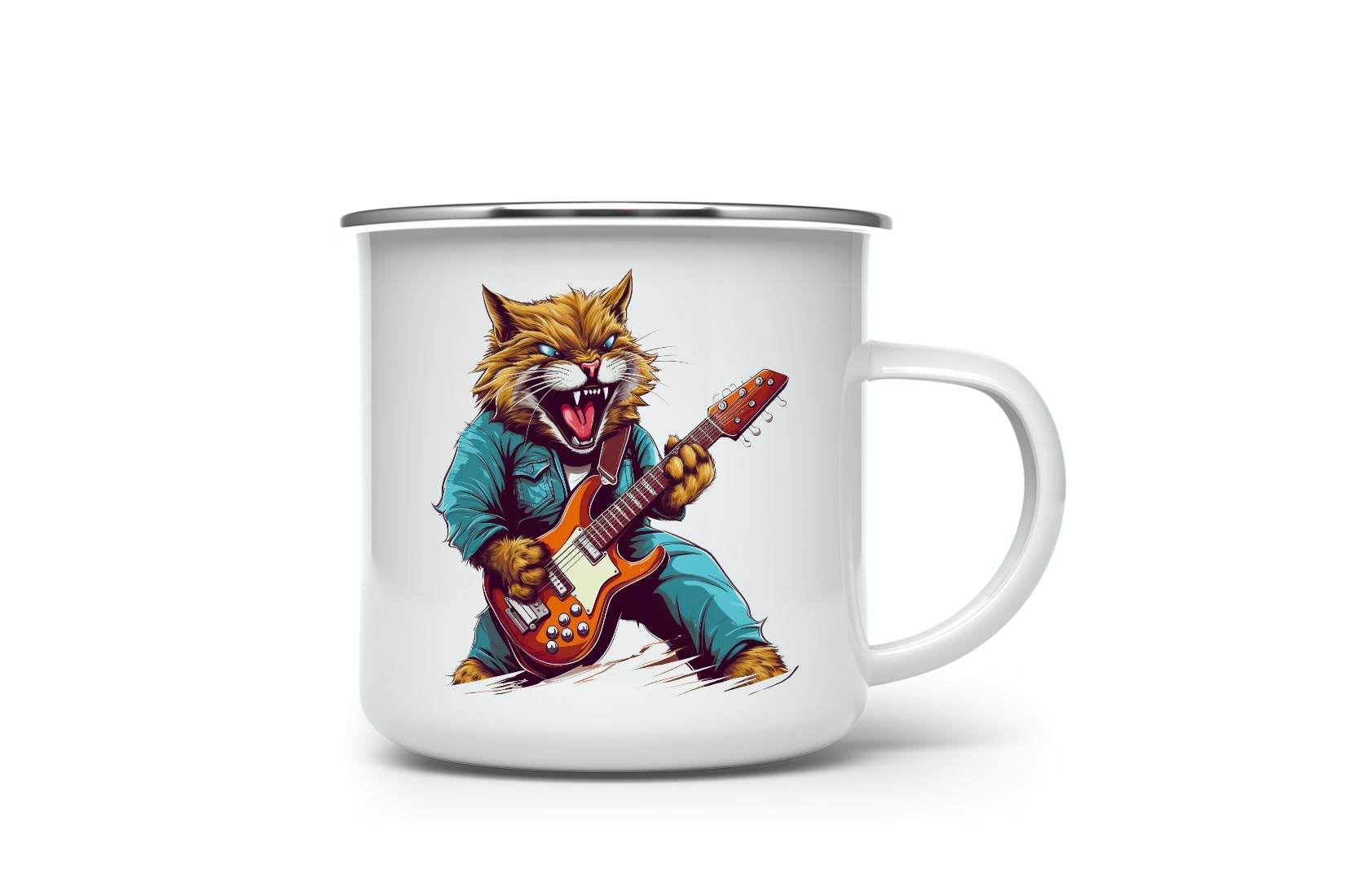 MAXIKIWI - Durable Enamel Coffee or Tea Camping Mug for Indoor Outdoor Use - Screamo Cat Playing Electric Guitar - 350ml