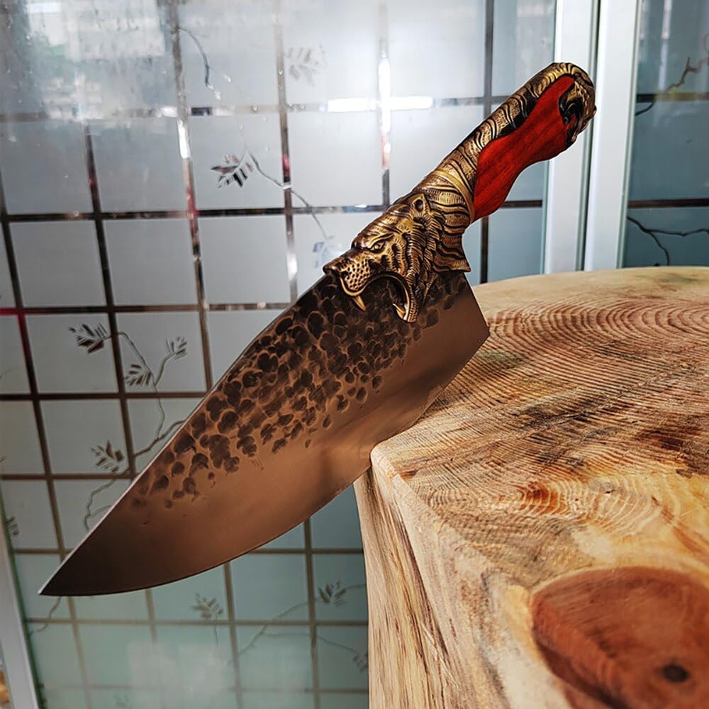 Meat Cleaver Knife, Handcrafted Machete Boning Knife With Copper Tiger Wood Handle Sharp Cleaver For Beef Chicken Chef Butcher Kitchen Knife