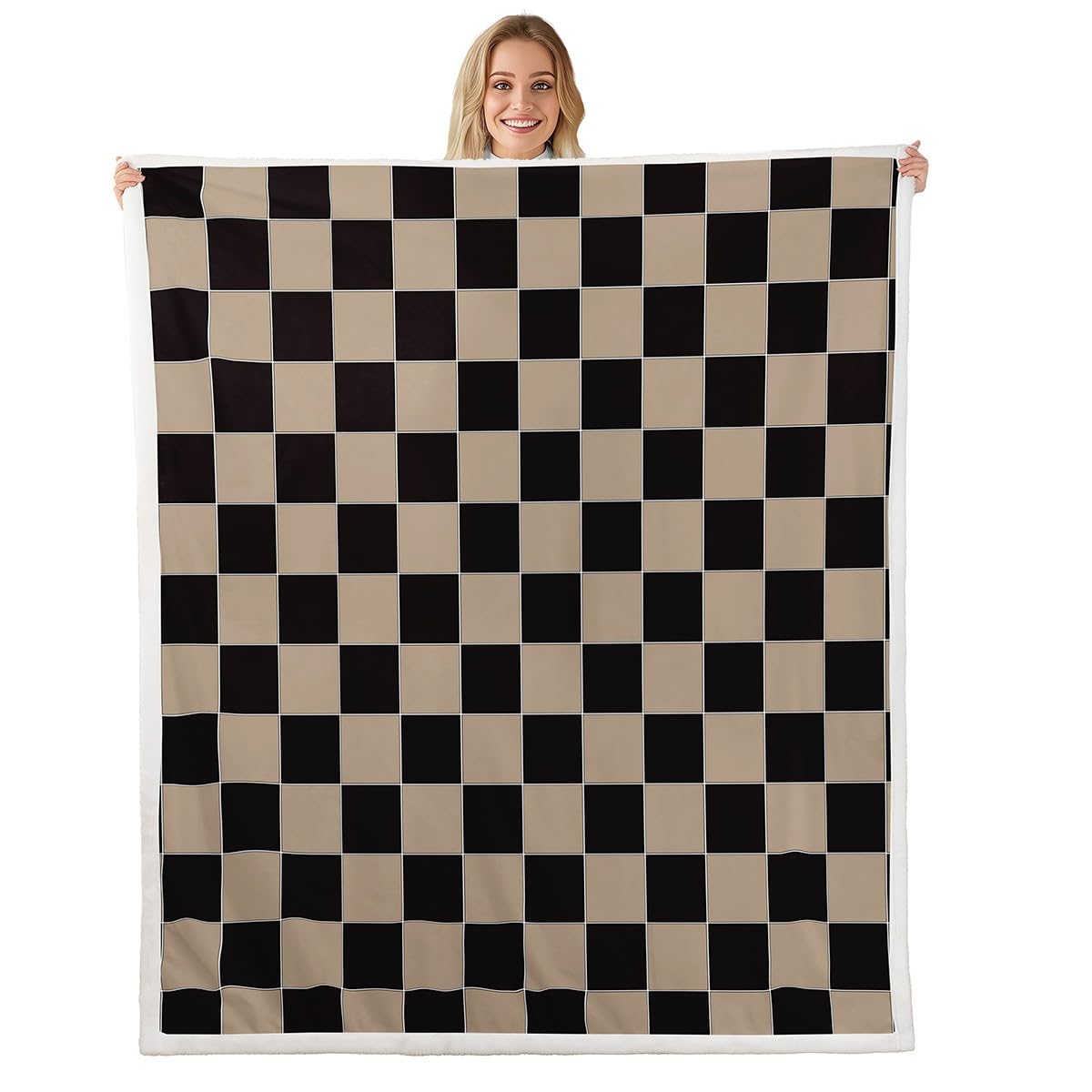 Erosebridal Geometric Plaid Throw Blanket Throw 50"X60" Beige Black Brown Checkerboard Sherpa Blanket Checkered Grid Fleece Bed Blanket for Kids Boys Men,Modern Aesthetic Flannel Blanket