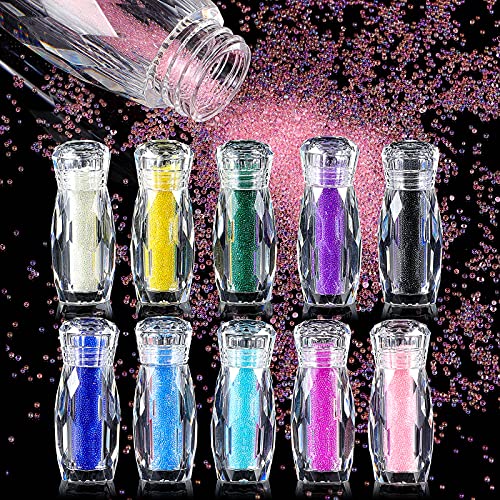 10 Bottles Caviar Beads for Nails Micro Nail Pixie Crystals Colorful Micro Caviar Strass Glass Nail Beads Multicolor Nail Art 3D Decorations Micro Nail Caviar Pixie Crystals for Nails DIY