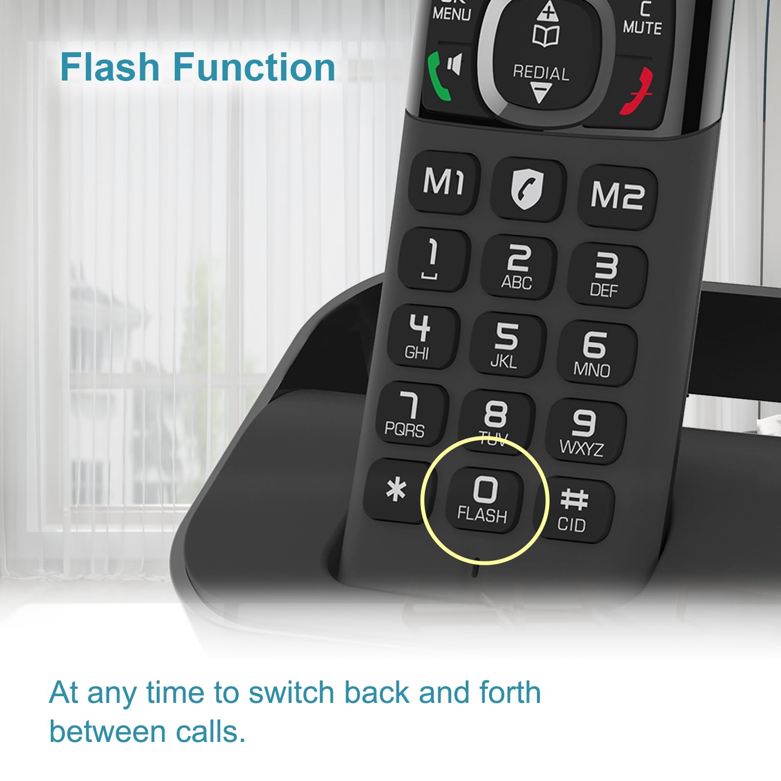 Close-up of Hellobaby Cordless Phone showing the Flash button