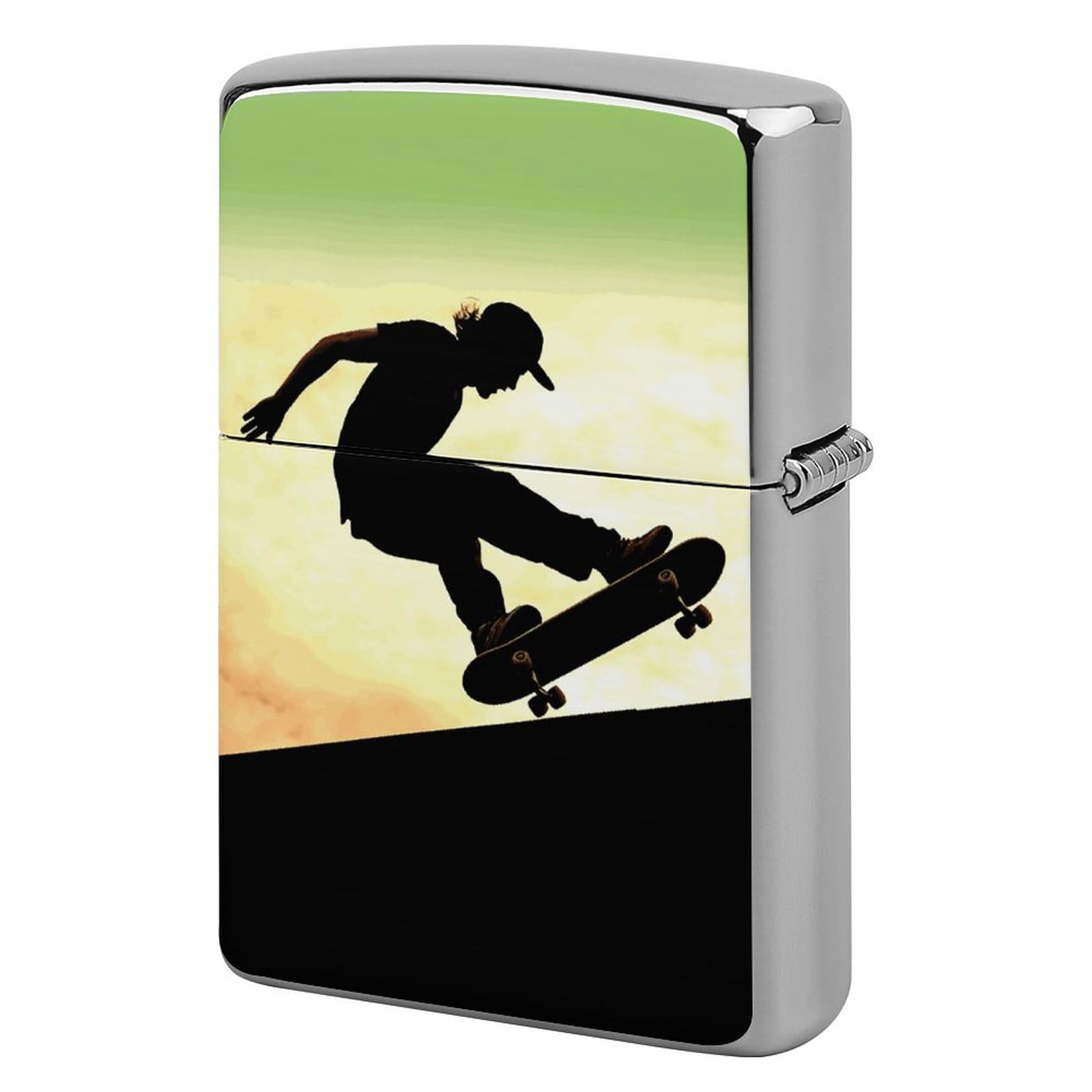 Skateboard Metal Lighter Case Windproof Vintage Lighters Holder Reusable Cool Cigarette Lighter Cover for Men Personalized Pocket Flip Lighters Sleeve Double Sided Portable Protective Sleeve
