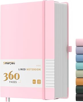 Smarpau 360 Pages Notebook A5 - Leather Lined Journal Notebook with 100gsm Thick Paper, College Ruled Journals for Women Men Writing School Office, 14.5 x 21cm - Pink