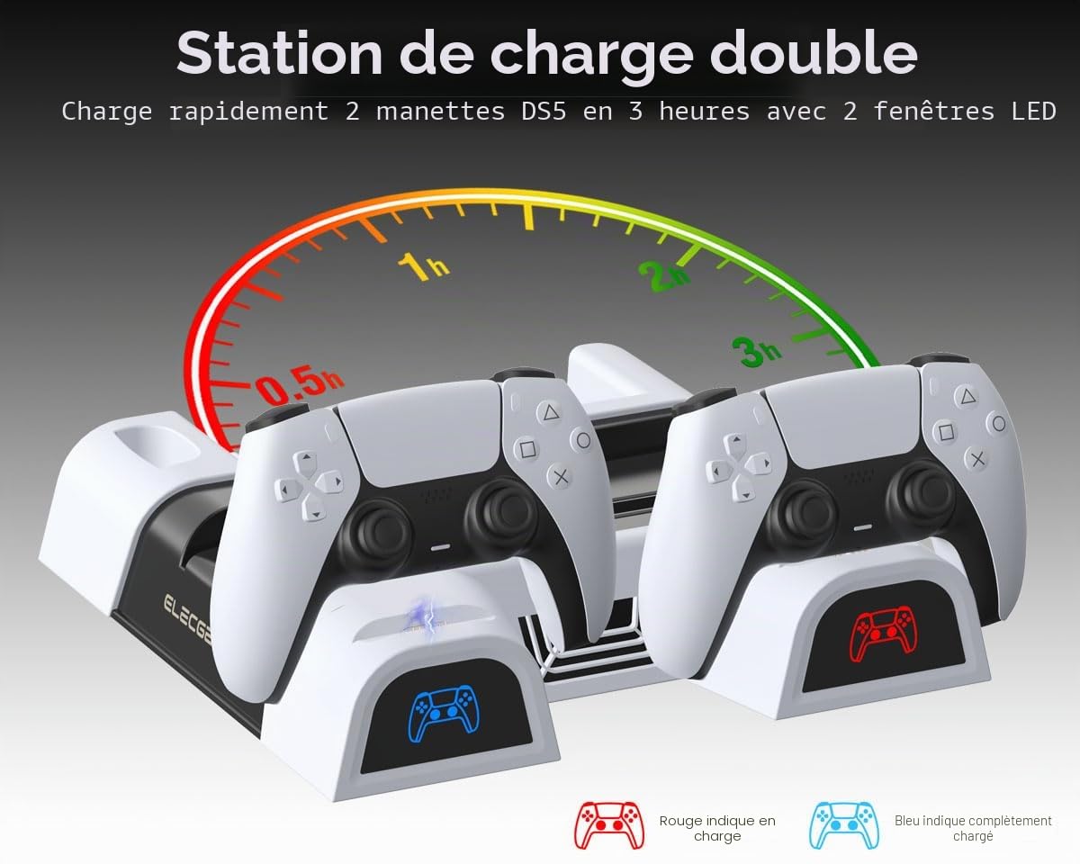 ElecGear PS5 Support Vertical, Ventilateur de Refroidissement, Dual Chargeur Station de Charge Contrôleur, Jeux Stockage Stand pour Manette DualSense, PlayStation 5 Media Remote et Support de Casque