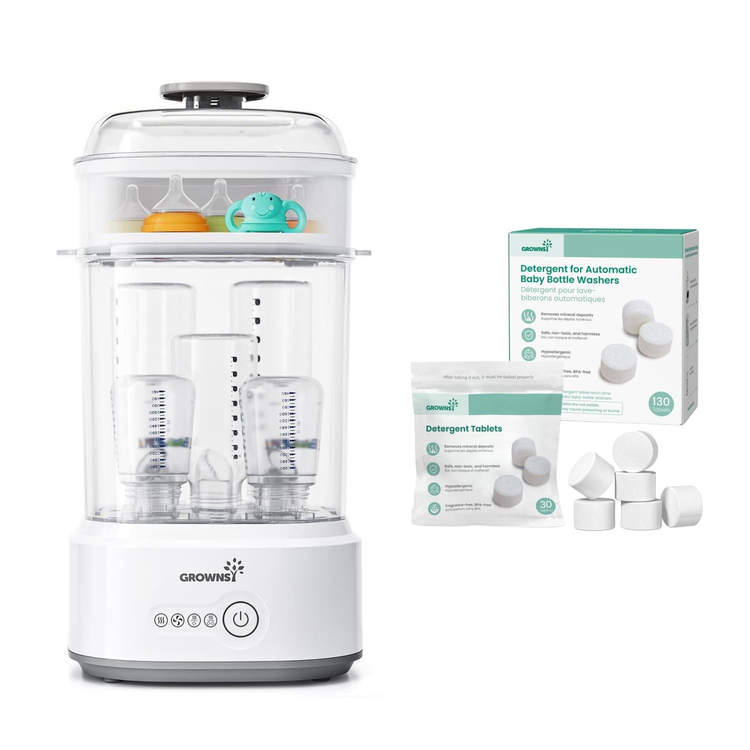 Grownsy Sterilisator für Babyflaschen & 130 Stück Babyflaschen Reinigungstabletten