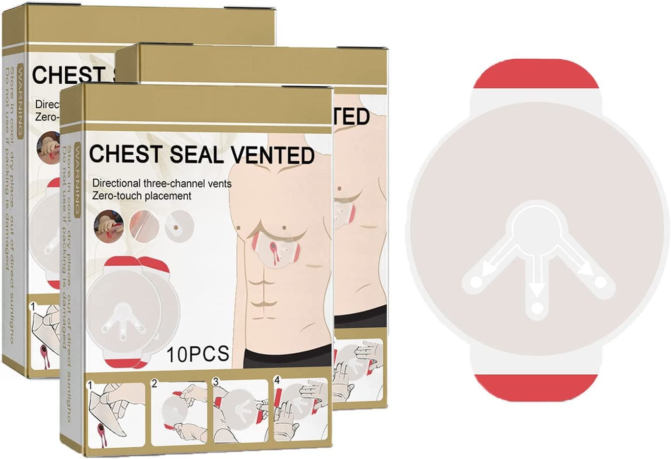 10Pcs/Box Sterile Vent Chest Seal Adhesive Wound dressings Aid Bandage Wound Care Emergency Wound Closures (30pcs)