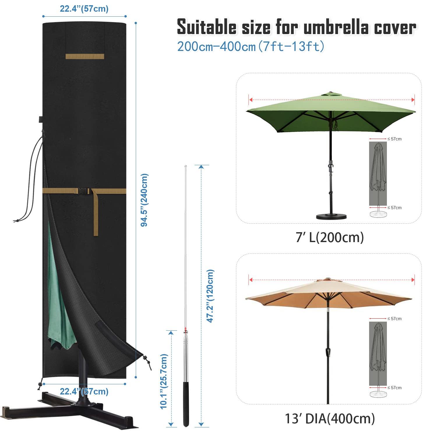 VANSHEIM Copertura per Ombrellone da Giardino,Copertura Protettiva per Copri Ombrellone a Braccio Impermeabile Anti Sbiadimento Oxford Tessuto per Ø 2 a 4m Ombrellone da Esterno,Copertura 240x57/57cm