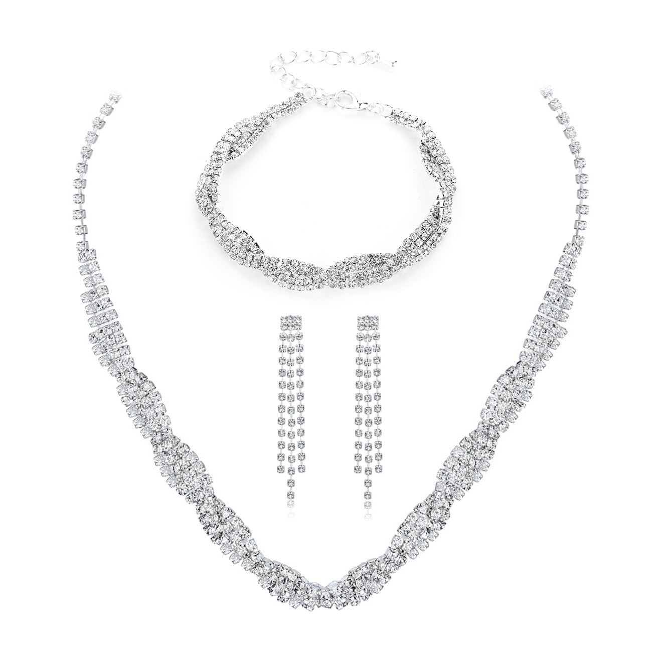 FDEETY Juego de Boda Novia Joyas para Mujer Colgante de Diamantes de Imitación de Cristal Conjunto de Collar Pendientes Pulsera de joyas San Valentín Cumpleaños y Aniversarios