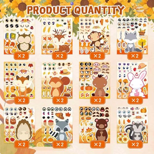 Image of 24 PCS Fall Stickers, Make-a-face Stickers,Autumn Animals Stickers for Kids | Make Your Own Animal Face Sticker Sheets, Thanksgiving Stickers for Party Favor Supplies Scrapbooking Crafts Classroom Gifts