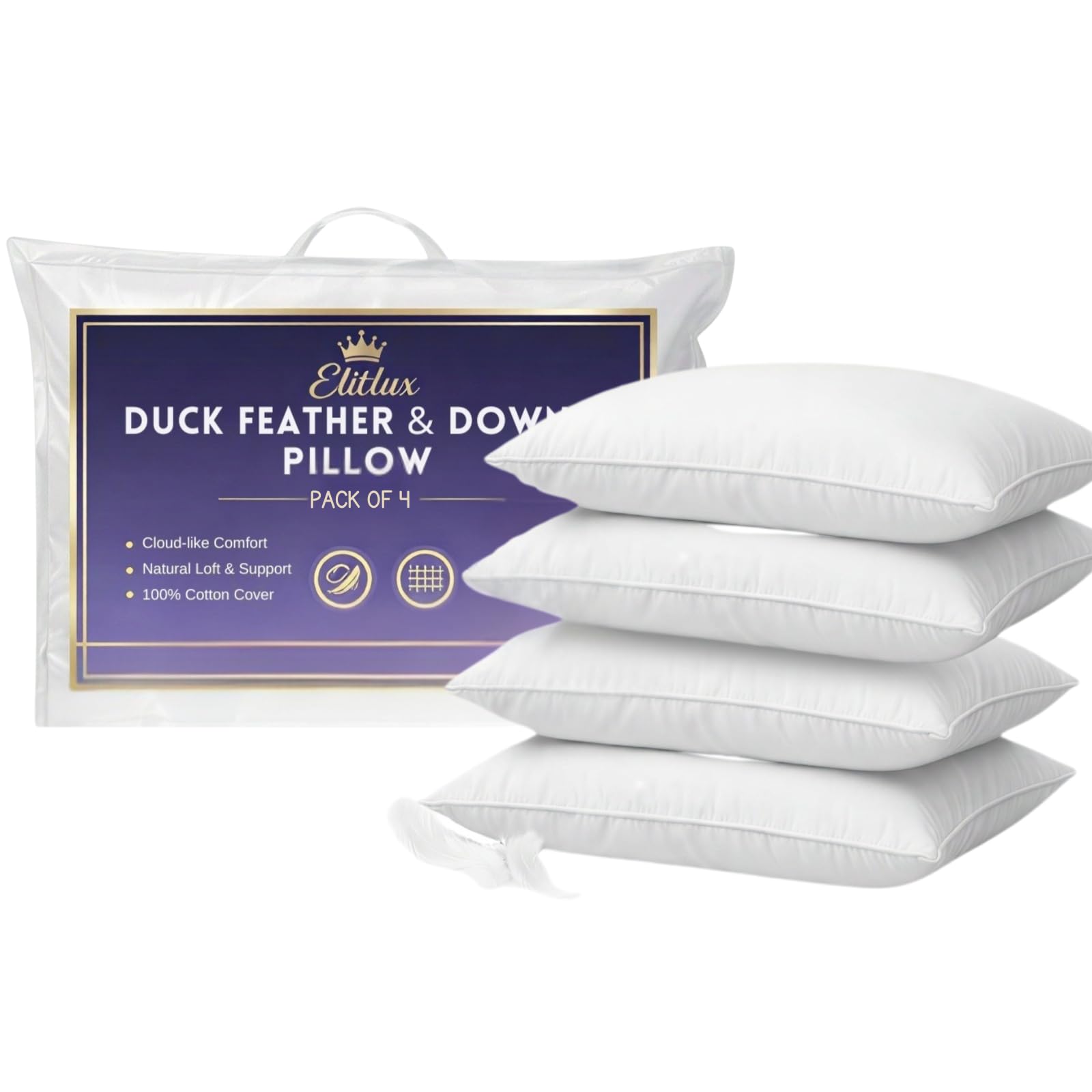 Elitlux White Hotel Quality Duck Feather Pillows 4 Pack – Soft & Supportive Down Alternative Filling – Comfortable Firm Pillows For Side, Back & Stomach Sleepers – Machine Washable (White)