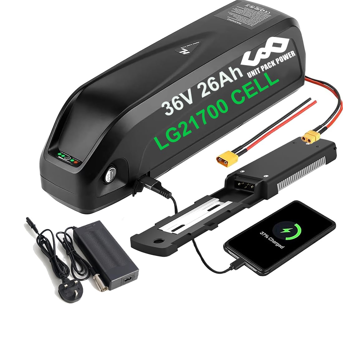 36V 26Ah Electric Bicycle Batteries LG5200 21700 Cells -Mountain Bike Battery with Cell Holder/BMS Board for Front Rear wheel Mid Drive Electric Bikes 250W 500W 700W
