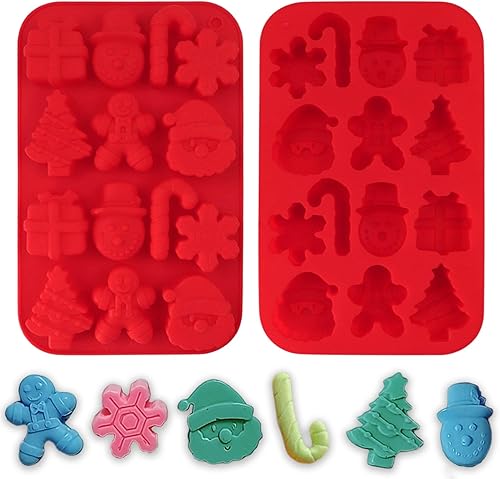 Juego de 2 moldes de silicona para hornear de Navidad, árbol de Navidad, copos de nieve, muñeco de nieve, Papá Noel, caja de regalo, pan de