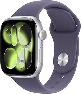 Apple Reloj inteligente de la serie 11 [GPS de 1.654 in] con caja de aluminio plateado con correa deportiva de niebla morada - S/M. Puntuación de sueño, rastreador de fitness, monitoreo de salud