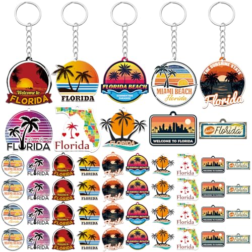 Trnayi 50 Pcs Florida Souvenirs Acrylic Keychain Gifts Bulk United State Florida Keychain Palm Tree Sea Sun Map Travel Gifts Souvenirs for Women Men Friends