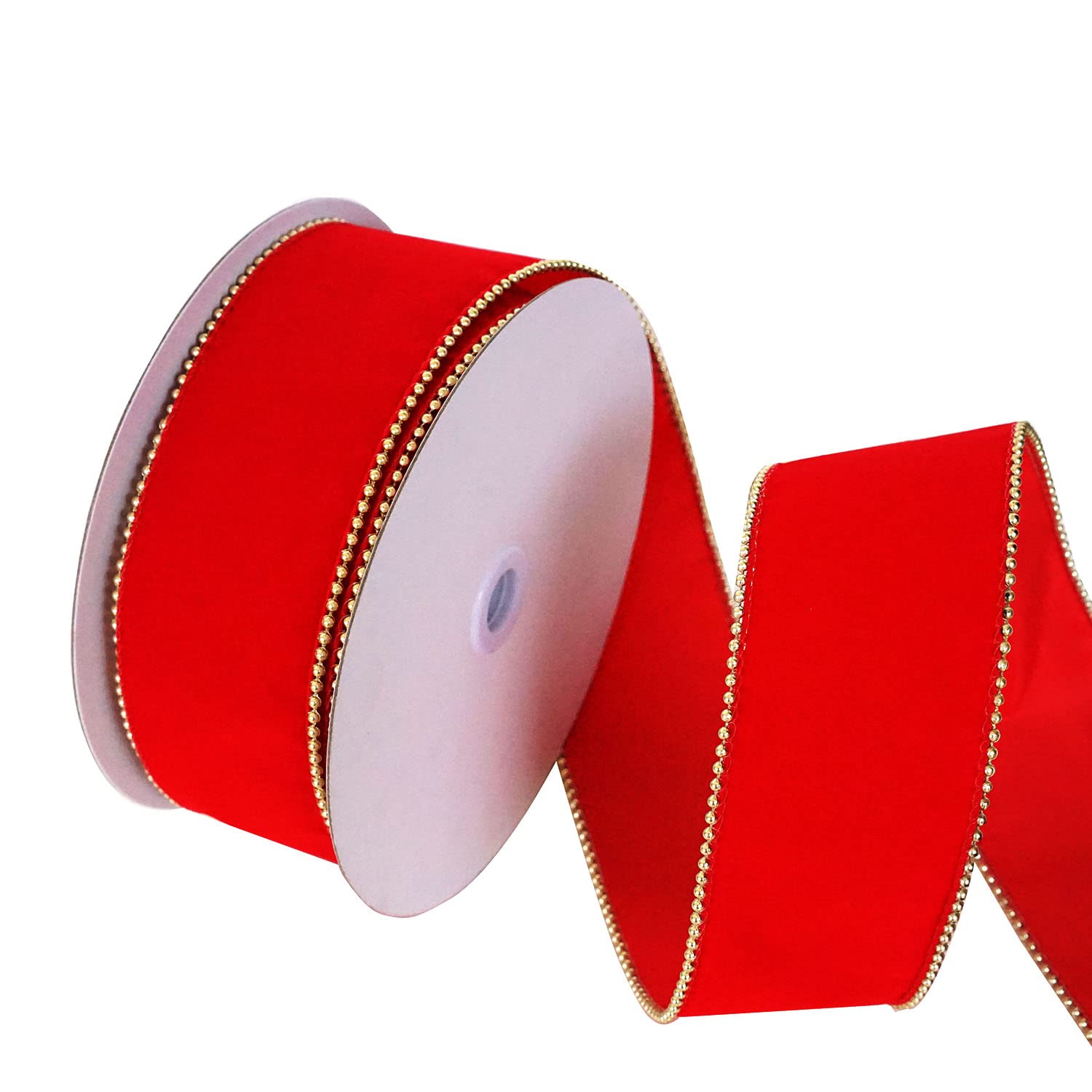 Rotes Samtband mit Draht und goldfarbenem Perlenrand, 6,4 cm, 20 m lang, Weihnachtsband mit Drahtkante (rot)