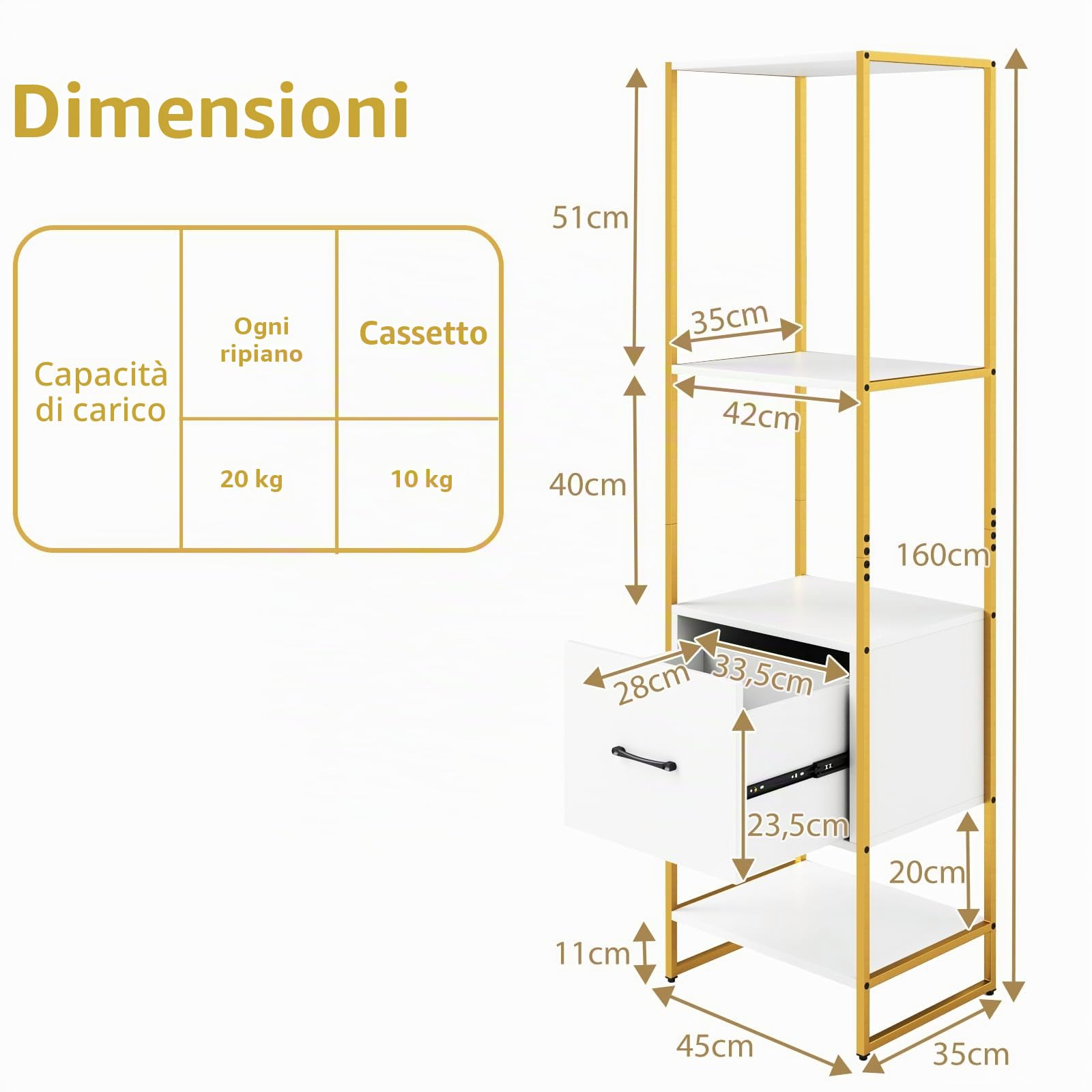 HOMASIS Libreria da Parete a 4 Ripiani e Cassetto, Libreria Verticale a Colonna da Terra in Legno, Struttura in Metallo, Scaffale ad Angolo per Soggiorno, Studio, Cucina, 45 x 35 x 160 cm (Bianco)