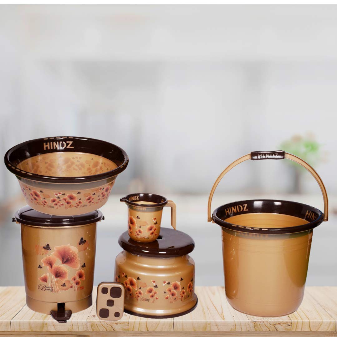 Beaver Hindz Premium 6 Piece Plastic Bathroom Set Includes - Bucket, Tub, Mug, Dustbin, Soap Dish, Stool (Sand Brown)