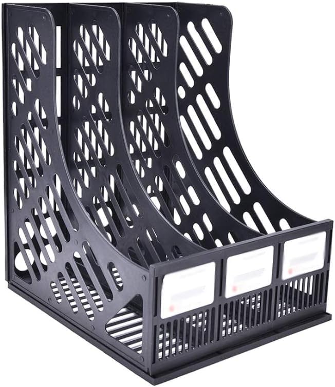 PERPART Desktop Magazine Holder Countertop Desk File Organizer 3 Compartments | Plastic Vertical File Dividers Book Holder & Cabinet Document Storage Rack (Black, Step Shelf) 1