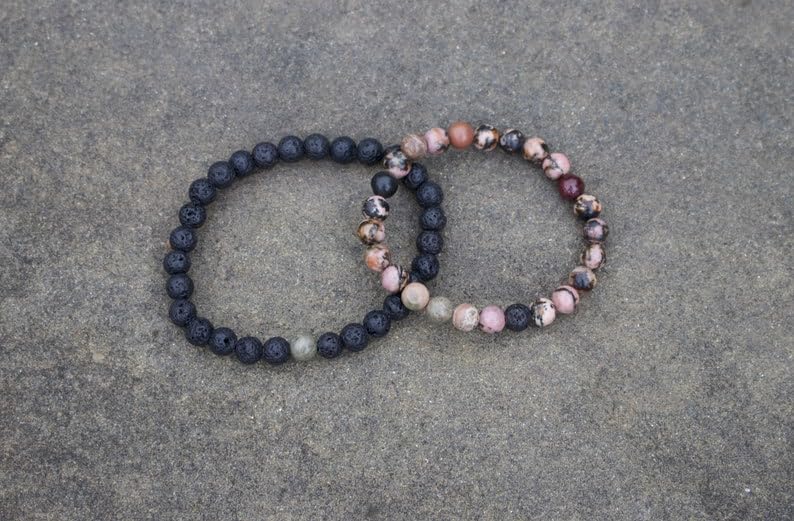 Bracelets couples perles 8mm en rhodonite et lave authentique - 4