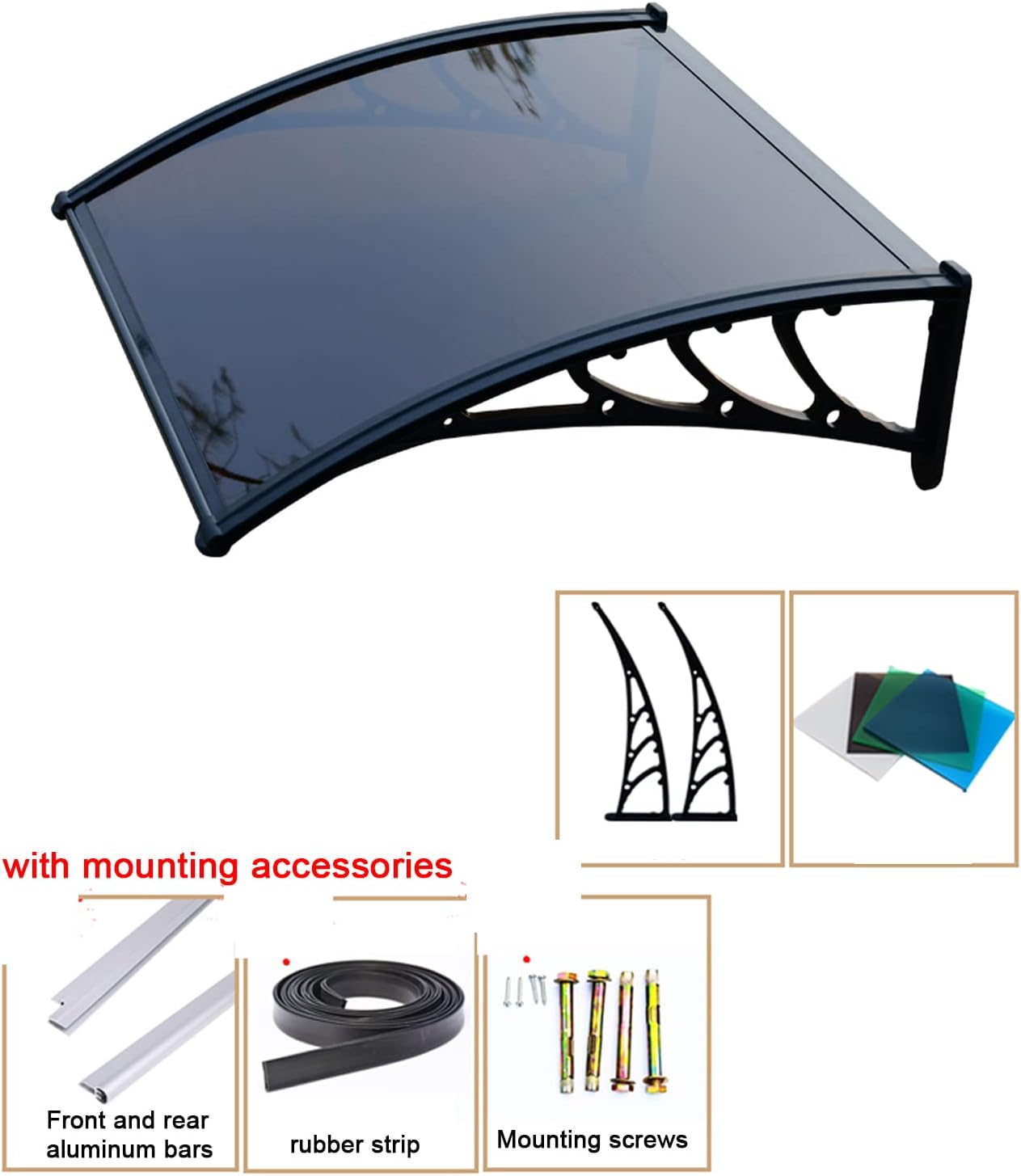Outdoor Garden Canopy Front Door Canopy,Uv Rain Snow Protection Door Awning Metal Window Awning,3mm Thick Polycarbonate Board Shatterproof,Brown Patio Awning/Black Bracket (60x110cm/24 x43)