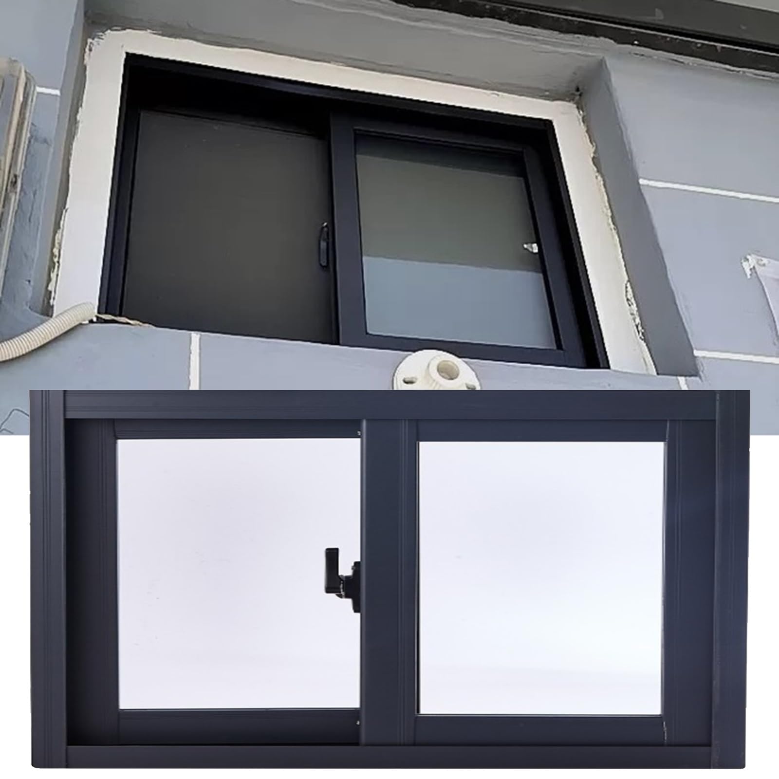 Ventana horizontal de doble panel y diseño personalizado en color negro con cierre seguro