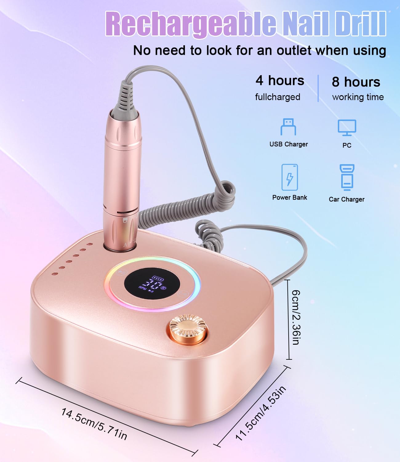 Torno para Uñas, 45,000RPM Profesional Lima Electrica Uñas, Velocidad Ajustable,Set de Accesorios para Manicura y Pedicura con Brocas de Cerámica,para Uso Doméstico Salones de Uñas