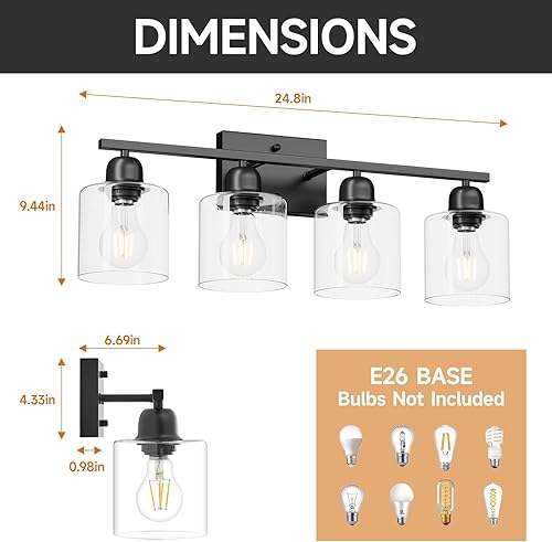 Miniatura 2 de Modernas lámparas de baño de 4 luces, luces negras de tocador de 24 pulgadas para baño con vidrio transparente, luz de tocador de baño para espejo,