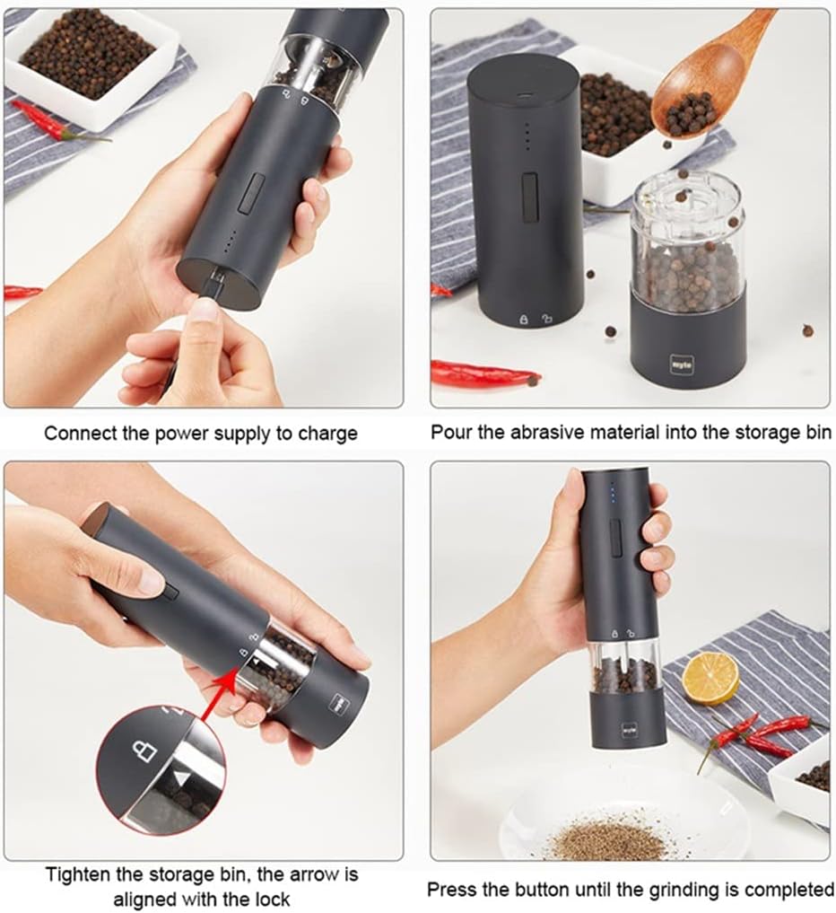 Electric Automatic Pepper Grinder Mill Adjustable Stainless Steel Spice Mills With Led Light Rechargeable Kitchen Tools(white-Fruit peach5)
