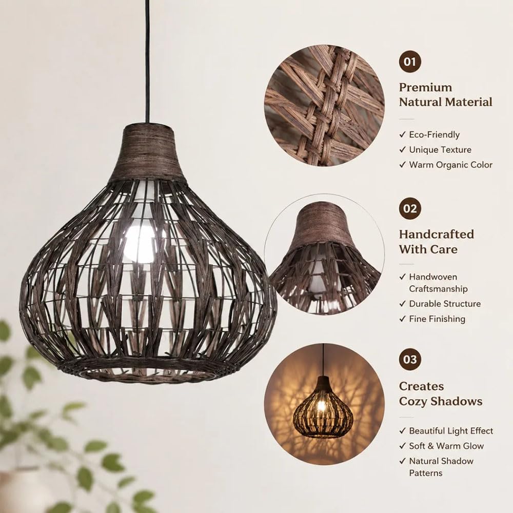 13,78 Brązowa Lampa Wisząca Z Naturalnego Rattanu, Pleciony Klosz Do Lampy Wiszącej W Kształcie Latarni, Wisząca Lampa Sufitowa, Ręcznie Robiony Klosz Do Wyspy Kuchennej W Korytarzu I Przedpokoju