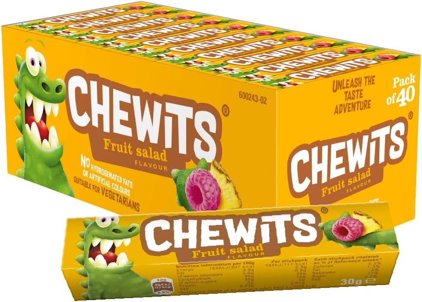 Sweets - Fruit Salad Sweets, Chewy & Fruity - Bulk Box x40 Sticks - Made with Real Fruit Juice - Vegetarian, No Artificial Colours - Nostalgic Classic British Sweet Treat for Sharing & Gifting