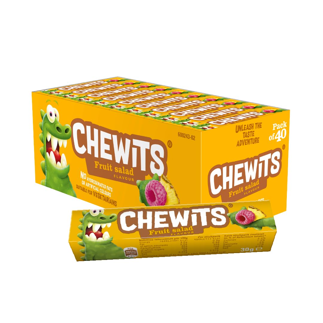 Chewits Sweets - Fruit Salad Sweets, Chewy & Fruity - Bulk Box x40 Sticks - Made with Real Fruit Juice - Vegetarian, No Artificial Colours - Nostalgic Classic British Sweet Treat for Sharing & Gifting