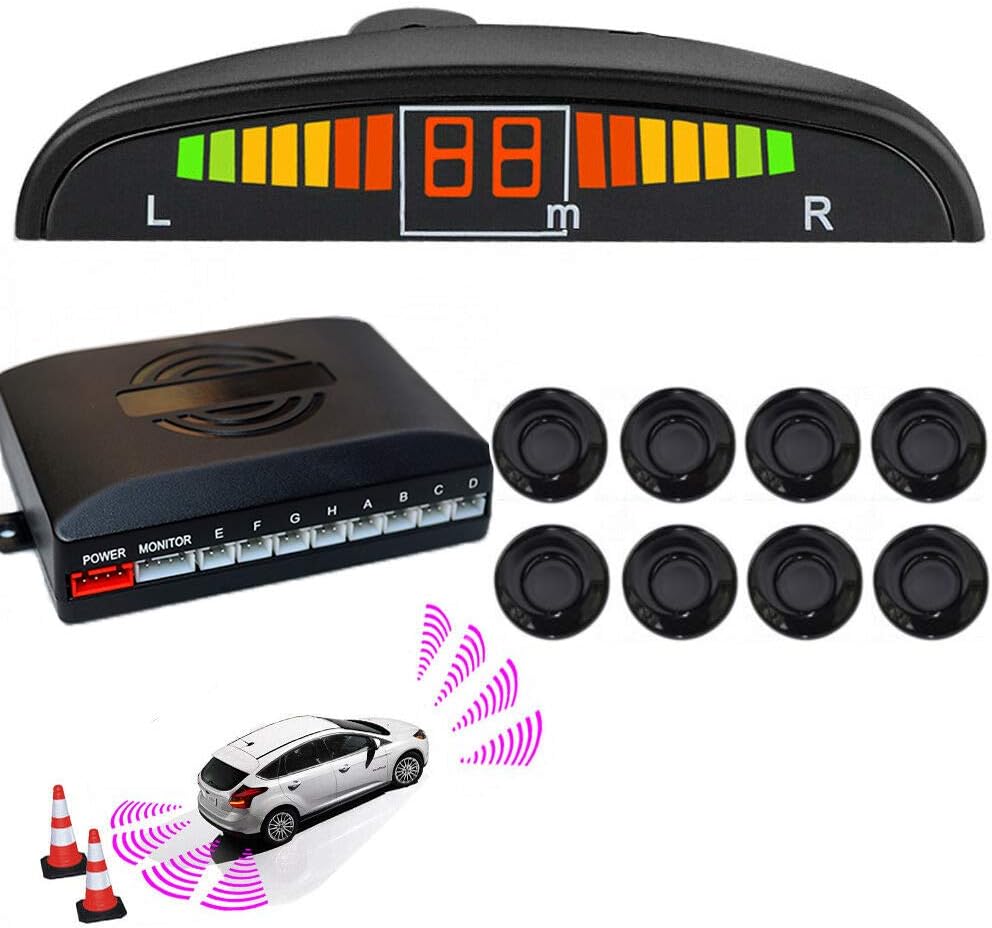 Riloer Car Reverse Parking Radar System 8 Reversing Sensors Kit with Front and Rear Alarm Buzzer Reminder LED Display Safe Driving Gray Car Parking Sensor (Black)