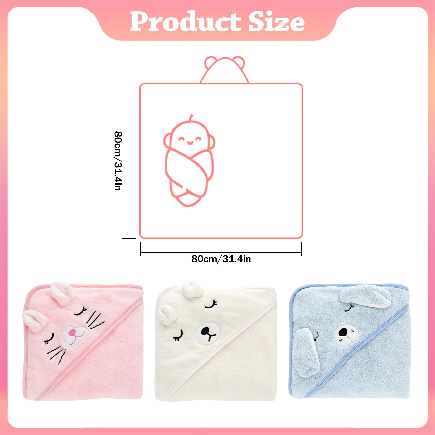 Cape De Bain Bebe 3 Pcs Serviette De Bain Bebe Douces Absorption Forte et Lavable en Machine Convient à 0-5 Ans (80 * 80cm)