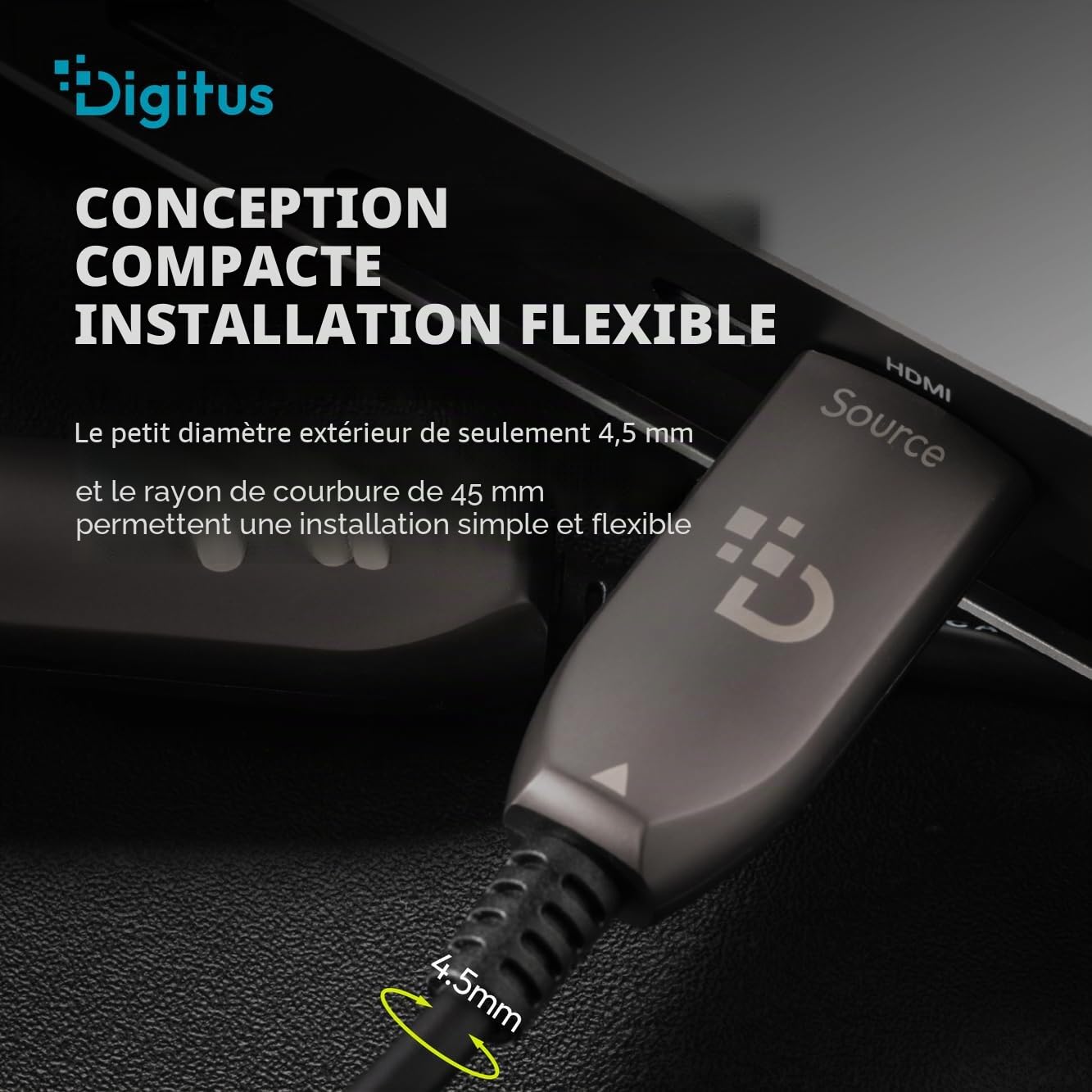 DIGITUS Câble HDMI à fibre optique – 15 m – UHD 8k 60 Hz 4k 120 Hz | HDMI 2.1 – 48 Gbps – eARC, HDR, HDCP 2.2, CEC – Câble hybride AOC – contacts plaqués or – câble HDMI à FO – noir