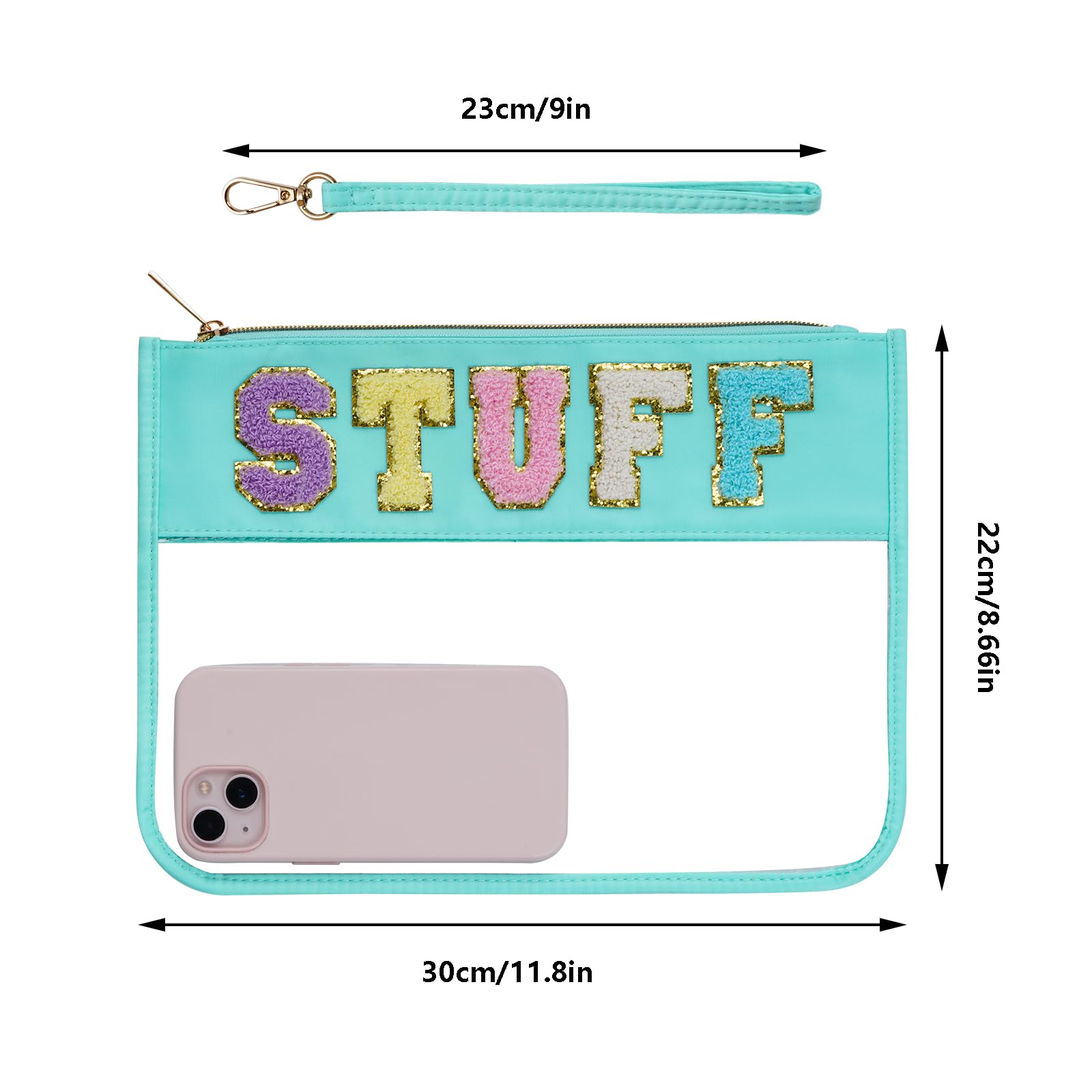 Hmxpls Chenille Letter Bag, Clear Flat Pouches with Zipper, Clear Makeup letter Bag, Multi-purpose Nylon Cosmetic Pouch Bags for Travel, Gym, Beach (Green-Stuff)