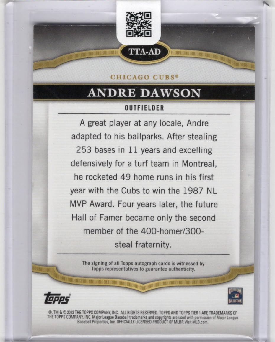 Andre Dawson Autographed & Serial Numbered #21/50 Tier One Collectible Baseball Card - 2013 Topps Tier One Baseball Card #TTA-AD(Cubs)