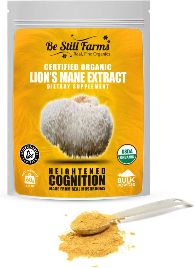 Be Still Farms Organic Lion's Mane Powder (60g) Real Mushrooms for Lions Mane Elixir or Lions Mane Tea from Organic Mushroom Farm - Lions Mane Powder Extract is The Ideal Smoothie Booster Powder