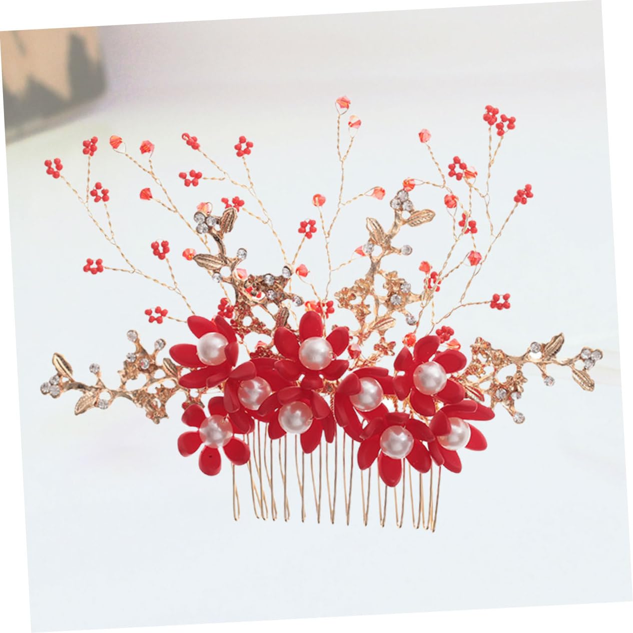 minkissy 3pezzi Pettinino Per Perle Fatte Mano Accessori Da Sposa Eleganti Per Matrimoni e Feste Design Floreale Rosso Per Donne e Ragazze