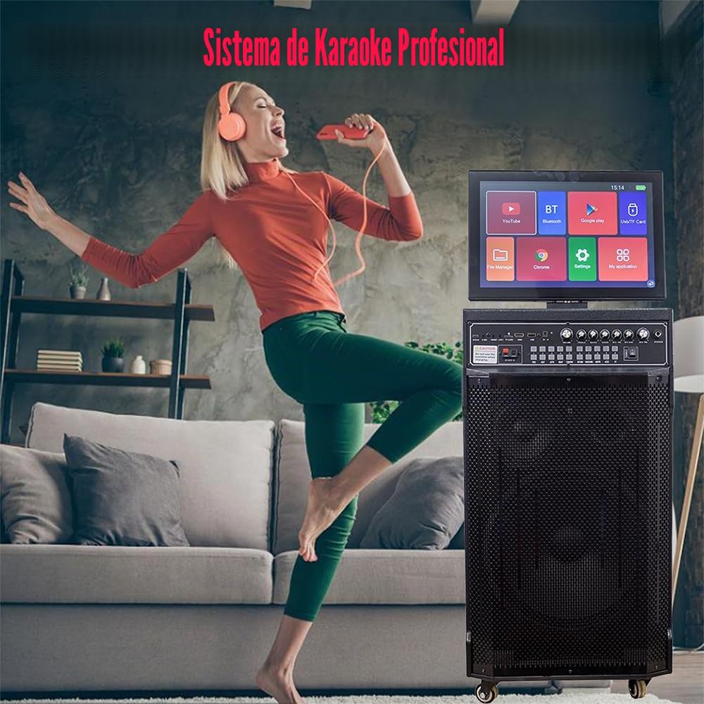 Máquina de Karaoke de 14.4" con Pantalla táctil | Sistema de PA portátil con 2 micrófonos inalámbricos | Altavoz WiFi Bluetooth para Fiesta al Aire Libre en casa |Sistema Android 40-400W