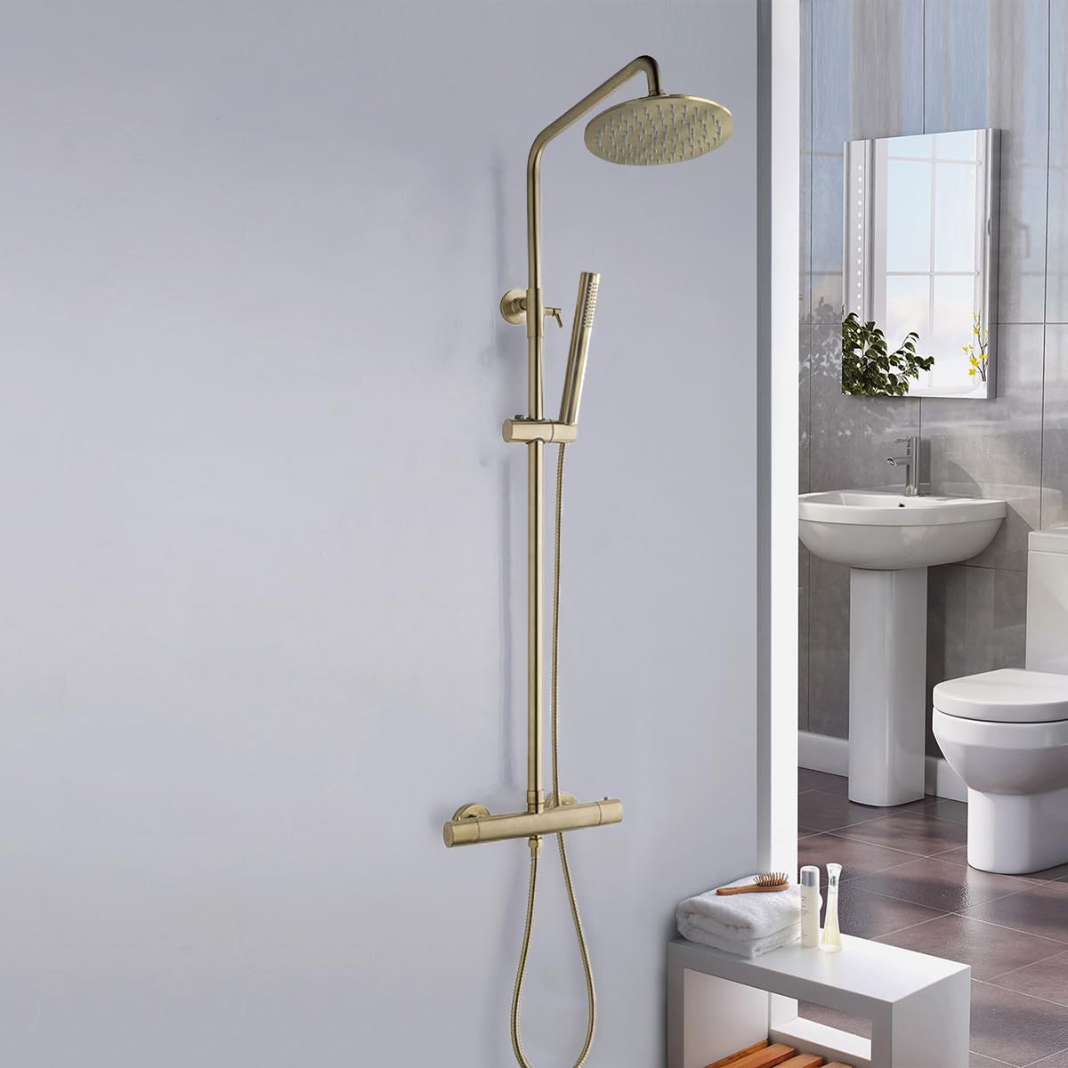 Nes Home Modern Brushed Brass Thermostatic Riser Rail Shower Set - Cool Touch Valve - Rainfall Showerhead - Adjustable Slider