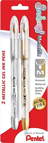 Pentel Sunburst - Bolígrafo de gel metálico, línea media, tinta dorada y plateada permanente, paquete de 2 (K908MBP2XZ)