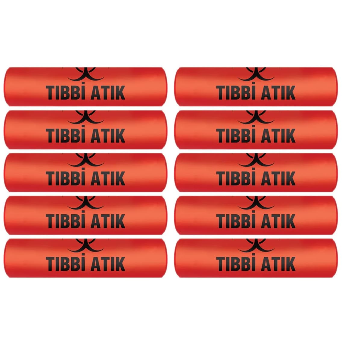 Tıbbi Atık Torbası Büyük Boy 65x80 cm 300 gr 10 lu Rulo x 10 Paket = 100 Adet (Kırmızı-Siyah Baskılı)