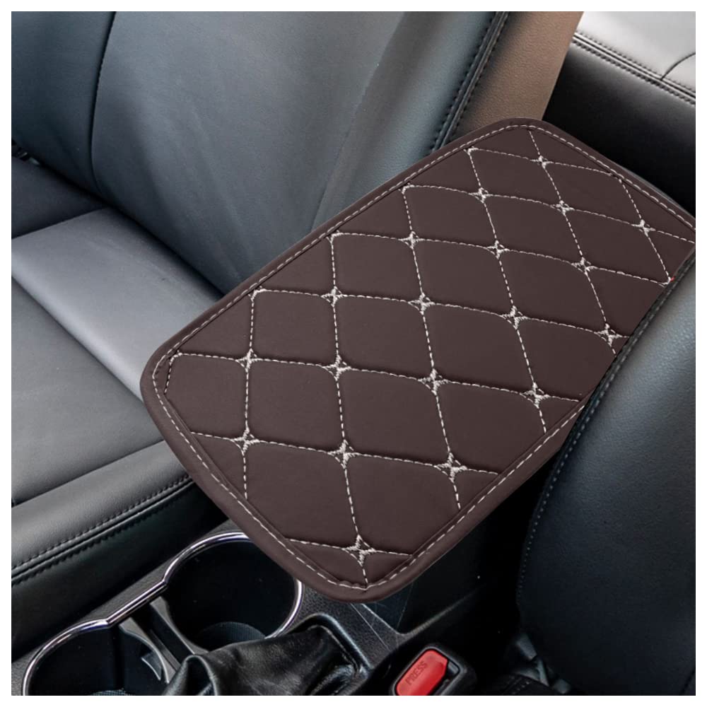 Center Console Cover,Comfortable PU Leather Car Armrest Cushion,Waterproof and Anti-Scratch Armrest Seat Box Cover Profector,Car Interior Accessories Universal for Car SUV (Coffee/Beige line)